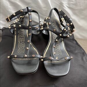 Express Black Studded Strappy Heels with Gold Accents